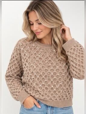 Cielo Pearl Embellished Textured Knit Sweater Beige Medium